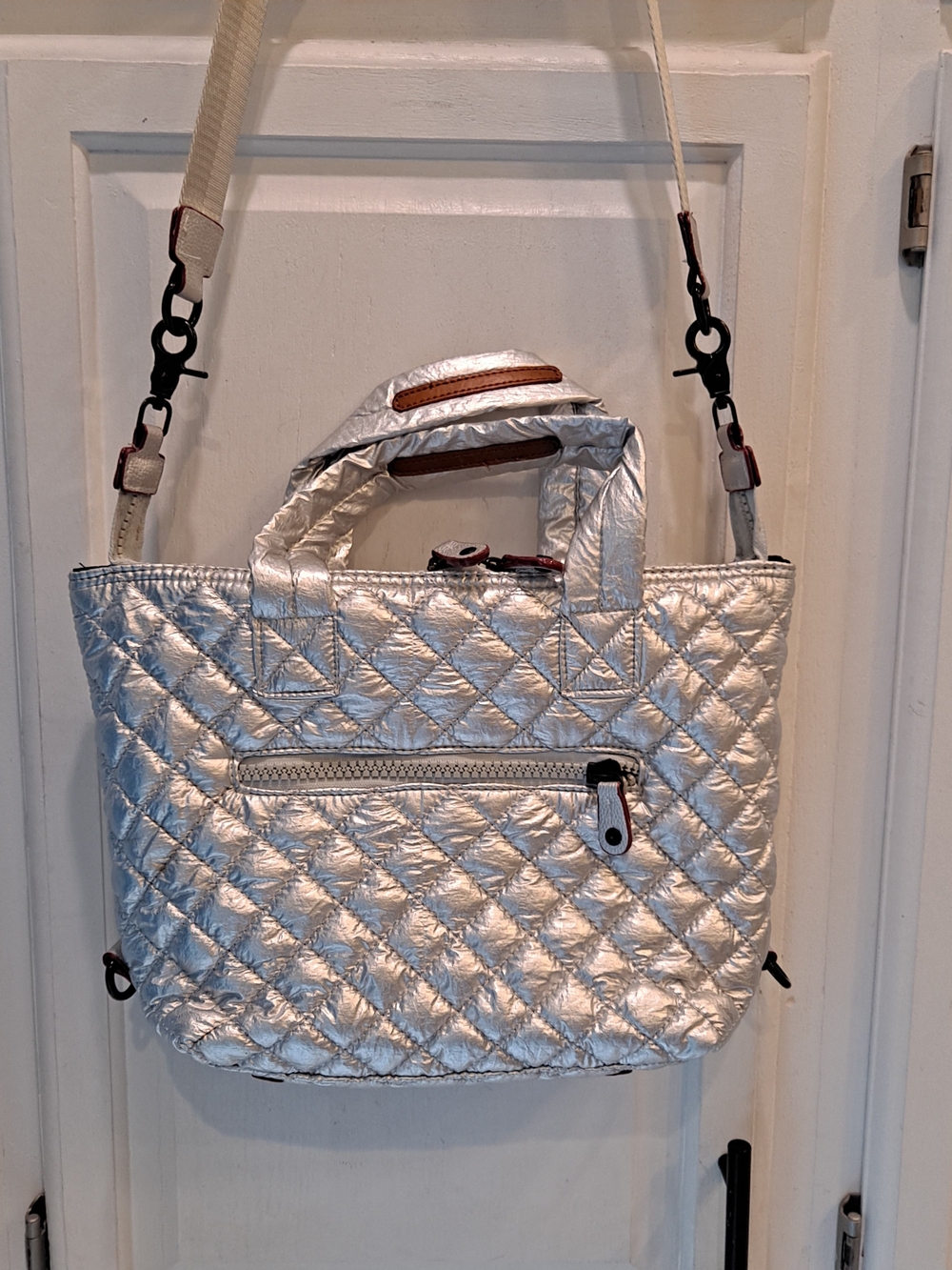 Silverlining Quilted Silver Shimmer Metallic Tote Modern Lightweight Cybercore
